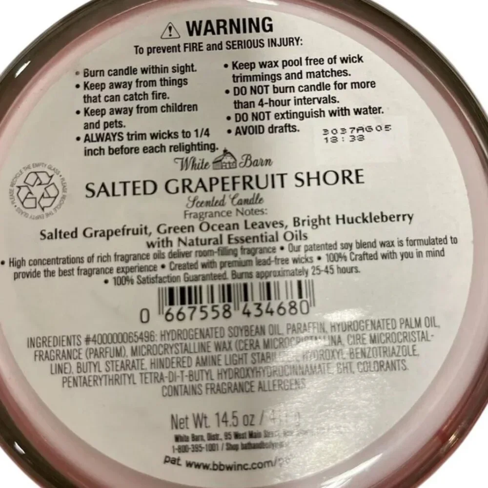 Bath and Body Works - Salted Grapefruit Shore White Barn Scented Candle 14.5 Oz - Picture 3 of 4
